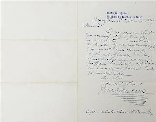 DICKENS, CHARLES. Autographed letter signed (Charles Dickens), one page, on a bifolium, on Gads Hill Place letterhead, 09/04/186