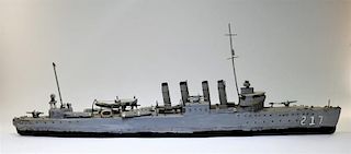 Wood Carved Ship Model of a WWI Period Destroyer