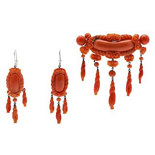 Victorian Carved Coral Earrings and Brooch
