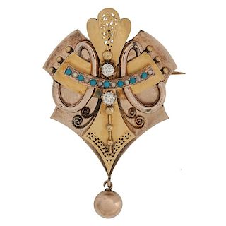 14 Karat Bi-Color Gold Diamond, Pearl and Turquoise Brooch/Pendant