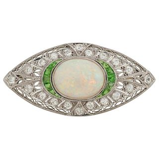 Platinum Opal, Diamond and Demantoid Garnet Edwardian Brooch