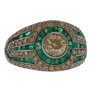 Platinum Diamond and Emerald Art Deco Ring