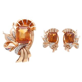 18 Karat Rose Gold Citrine and Diamond Fur Clip and Earrings