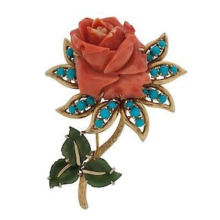 18 Karat Yellow Gold Coral and Turquoise Brooch