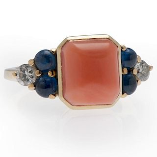 18 Karat Yellow Gold Coral, Sapphire and Diamond Ring
