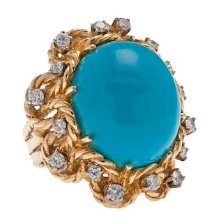 Jack Gutschneider 18 Karat Yellow Gold Turquoise and Diamond Ring