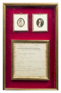 (BONAPARTE, NAPOLEON) A Naploeonic Signed Document, framed together with two portrait miniatures of Napoleon and Josephine.