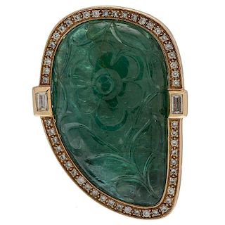 18 Karat Yellow Gold Carved Emerald Brooch