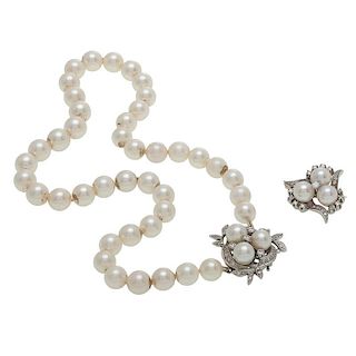 14 Karat White Gold Pearl Necklace and Brooch
