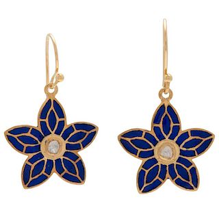 Gold Plated Sterling Silver Plique-à-jour Enamel and Diamond Earrings