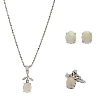 14 Karat White Gold Opal and Diamond Jewelry