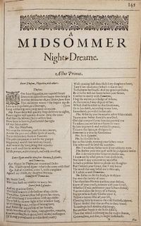 SHAKESPEARE, WILLIAM. Nine leaves from A Midsommer Nights Dreame, from the Second Folio, (1632). Bound in modern boards.