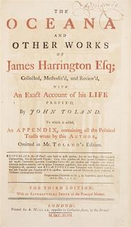 HARRINGTON, JAMES (JOHN TOLAND) The Oceana and Other Works of James Harrington Esq... London, 1747. Third edition.