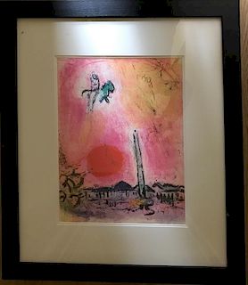 Chagall, Marc,  Russian/ French 1887-1985,"Place de la Concorde" (figure on horse in pink and yellow sky over city),