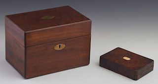 Two English Tea Caddies, one 20th c., of rectangular form with two interior lidded foil lined tea compartments; one of rosewo