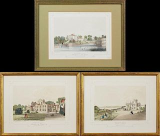 T. Shaw, "Ormerod House," "Heysham Tower," and "Marsden Hall," late 19th c., three chromolithographs, two in gilt frames, one