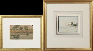 Orlando Vincent Schubert (1844-1928), "Trees Along a Yard," and "Sailboats Near Shore," two watercolors, signed, presented in