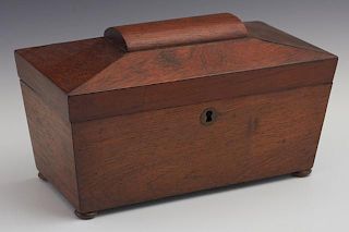 English Carved Rosewood Tea Caddy, 19th c., of sarcophagus form, the domed lid over an interior with two lidded foil lined te