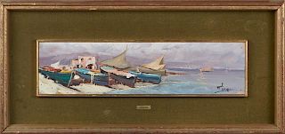 Sansone, "Boats on the Beach," 20th c., oil on board, signed lower right, presented in a gilt shadowbox frame, H.- 4 in., W.-