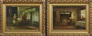 Continental School, "Interior Scene," and "Woman by the Fireplace," 20th c., pair of oils on panel, indistinctly signed lower