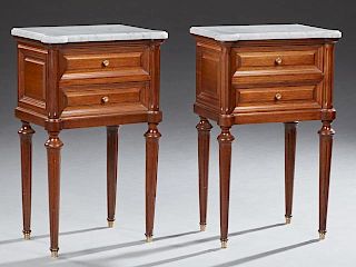Pair of French Louis XVI Style Carved Mahogany Marble Top Nightstands, 20th c., the figured white cookie corner marble over t