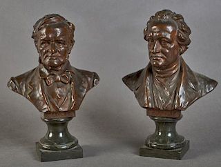 Hans Muller (1873-1937, Austrian), "Wagner" and "Goethe," early 20th c., pair of patinated bronze busts, signed verso on the 