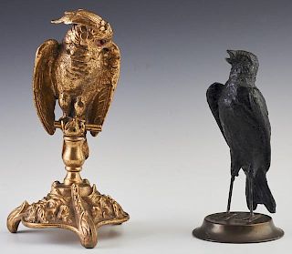 Gilt Bronze Parrot Inkwell, 20th c., with glass eyes, together with a patinated spelter bird bud vase, on a brass base, (2 Pc