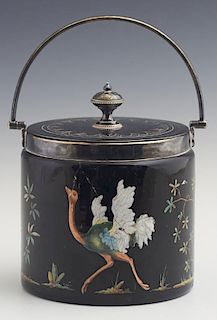Victorian Enamel Hand Painted Ceramic Biscuit Barrel, c. 1880, with stork and bamboo decoration on the black sides, with a si