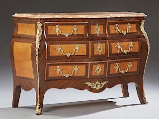 French Louis XV Style Carved Mahogany Parquetry Inlaid Ormolu Mounted Marble Top Bombe Commode, 19th c., the highly figured s