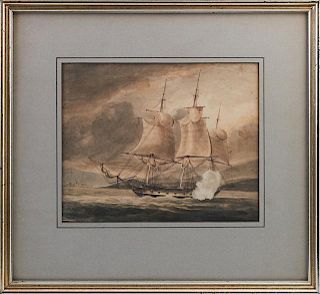 Capt. C. Bowen (English), "Frigate Firing a Cannon," c. 1840, watercolor, from a ship's log, identified verso, presented in a