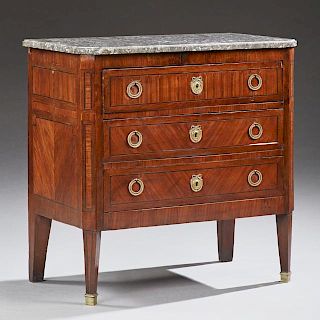 Diminutive French Louis XVI Style Carved Inlaid Mahogany Marble Top Commode, 19th c., the canted corner highly figured grey m