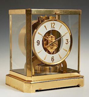 Jaeger LeCoultre Atmos Brass and Glass Mantel Clock, Serial # 236193, 1960-1980, H.- 9 1/4 in., W.- 8 1/4 in., D.- 6 1/4 in.