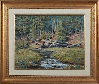 Robert Dennis McCarthy, "Log Jam," 1984, oil on board, signed and dated lower right, presented in a wide gilt frame with a li