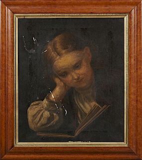 Continental School, "Woman Reading a Book," 19th c., oil on canvas, presented in a burled walnut frame with a gilt liner, H.-