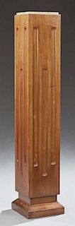 French Art Deco Marble Top Mahogany Pedestal, 20th c., the highly figured inset tan marble on a square reeded column on a slo