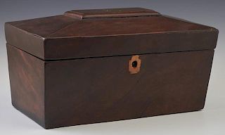 English Carved Mahogany Tea Caddy, 19th c., of sarcophagus form, the sloping lid over an interior with two lidded tin boxes f