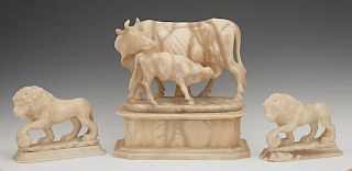 Four French Carved Alabaster Pieces, late 19th c., consisting of a cow and calf, on a stepped octagonal plinth, and a pair of
