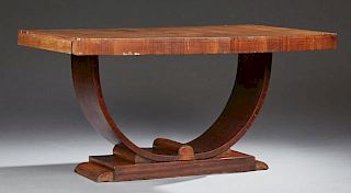 French Art Deco Carved Walnut Dining Table, c. 1930, the rectangular top with two pullout leaf holders, on a plinth base, H.-