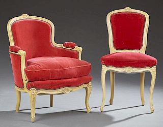 French Louis XV Style Polychromed Carved Beech Fauteuil and Mutton Side Chair, early 20th c., the arched curved backs with fl