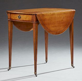 Sheraton Style Inlaid Carved Mahogany Drop Leaf Table, 20th c., from the Beacon Hill Collection, the oval top over one end dr