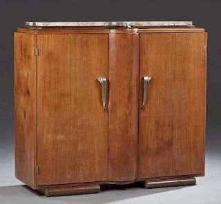 Art Deco Mahogany Marble Top Bowfront Sideboard, 19th c., the shaped highly figured beige and black marble, above sloped step