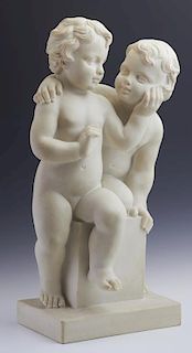 Lorenzo Dal Torrione, "Two Friendly Putti," 20th c., cast marble sculpture, #1004, signed proper left on column, numbered ver
