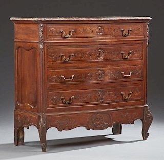 French Louis XV Style Carved Walnut Marble Top Bowfront Commode, 20th c., the bowed Breche d'Aleps marble above a frieze draw