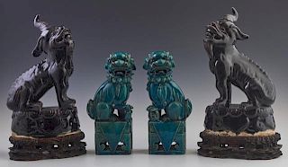 Two Pair of Glazed Earthenware Foo Animals; 20th c., a pair of Foo dogs on balls in bright blue glaze; and a pair of purple F