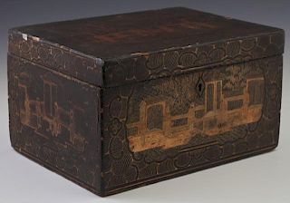 Japanese Black Lacquer Tea Caddy, 19th c., with gilt figural and landscape decoration, the interior with a removable lead tea