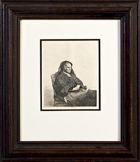 Rembrandt van Rijn (1606-1669), "The Artist's Mother Seated at a Table Looking Right," 19th c., etching, possibly by Armand D