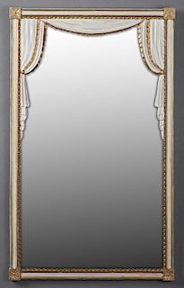 Carved Polychromed and Gilt Wood Overmantle Mirror, 20th v., the rectangular plate with floret carved corners, around a drape