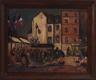 Knight, "Market Day, Dieppe France," 20th c., oil on board, signed lower right, titled verso, presented in a mahogany frame, 