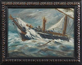 American School, "Ship Foundering in the Storm," 20th c., oil on board, presented in a composition frame, H.- 11 1/2 in., W.-