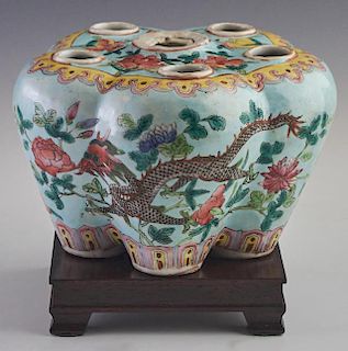 Chinese Glazed Porcelain Bulb Pot, 20th c., of tapered lobed form, the sides with floral and dragon decoration, the top with 